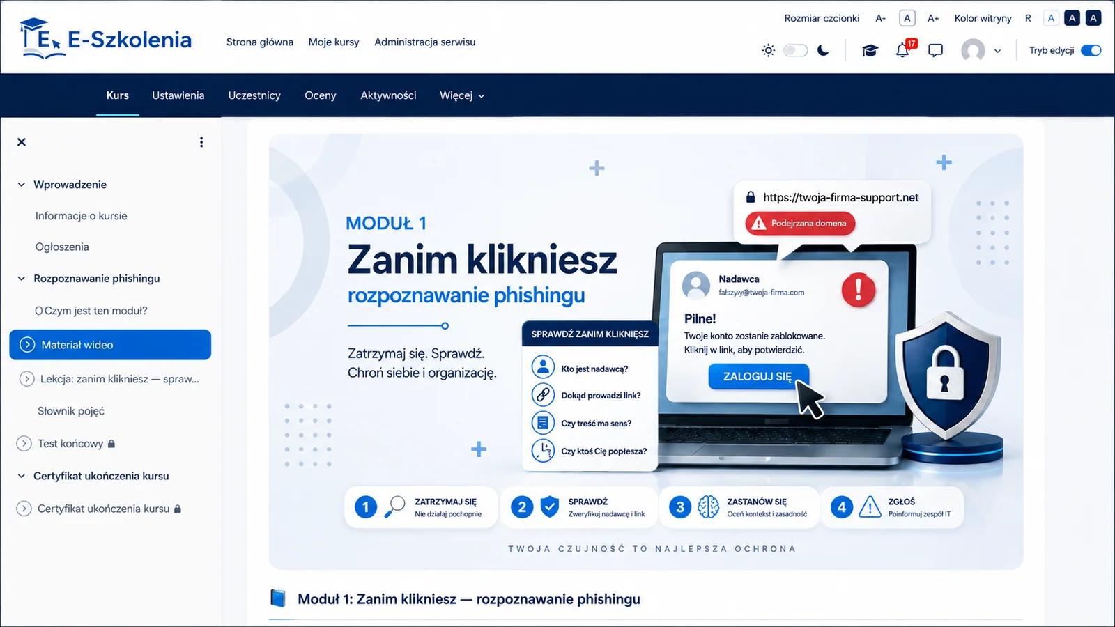 Panel platformy LMS z modułem szkoleniowym o rozpoznawaniu phishingu